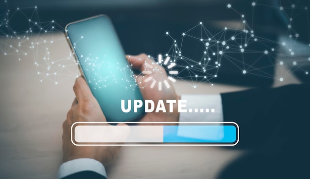 Barra táctil manual del software de actualización Actualización del programa informático Tecnología empresarial Actualización de Internet en la pantalla virtual Barra de carga del concepto de Internet y tecnología con la instalación de la actualización