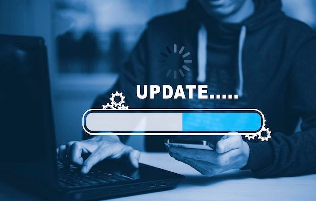 Foto barra táctil manual del software de actualización actualización del programa informático tecnología empresarial actualización de internet en la pantalla virtual barra de carga del concepto de internet y tecnología con la instalación de la actualización