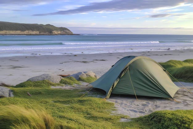 Barraca armada na praia de areia oferecendo acampamento costeiro bliss ia generativa