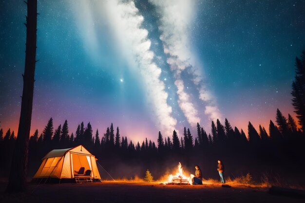 Barraca de acampamento de campistas na selva sob a noite estrelada Generative AI Galaxy fundo da paisagem Conceito de estilo de vida ao ar livre