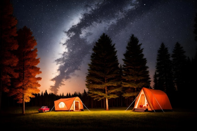 Barraca de acampamento de campistas na selva sob a noite estrelada Generative AI Galaxy fundo da paisagem Conceito de estilo de vida ao ar livre