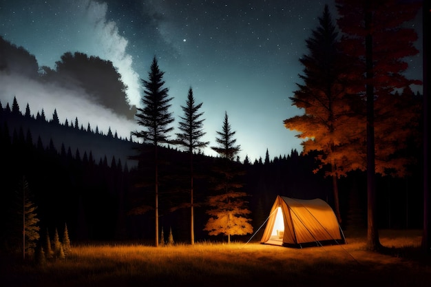 Barraca de acampamento de campistas na selva sob a noite estrelada Generative AI Galaxy fundo da paisagem Conceito de estilo de vida ao ar livre