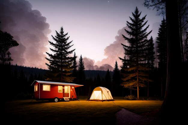 Barraca de acampamento de campistas na selva sob a noite estrelada Generative AI Galaxy fundo da paisagem Conceito de estilo de vida ao ar livre