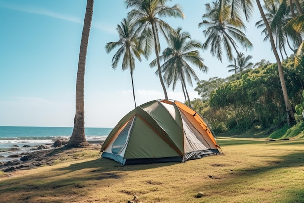 Barraca de acampamento montada na praia entre palmeiras Generative ai