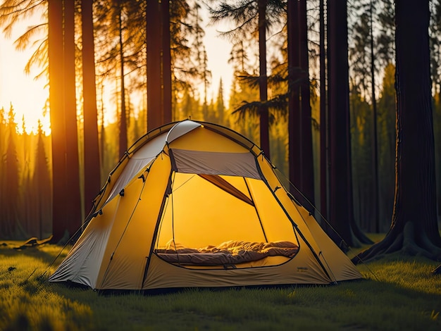 Barraca de acampamento na floresta ao pôr do sol ai generative