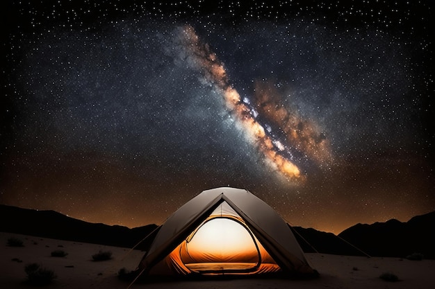 Barraca de acampamento nas montanhas à noite céu estrelado via láctea Conceito caminhada viagem extremo lazer ativo Generative AI