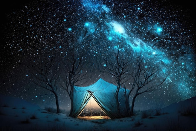 Barraca de acampamento sob um lindo céu estrelado gerado por IA