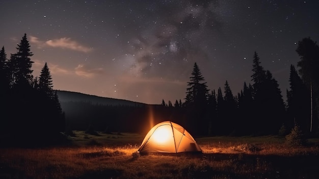 Barraca de acampamento sob uma noite estrelada