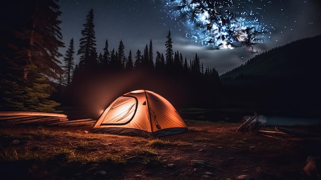 Barraca de acampamento sob uma noite estrelada