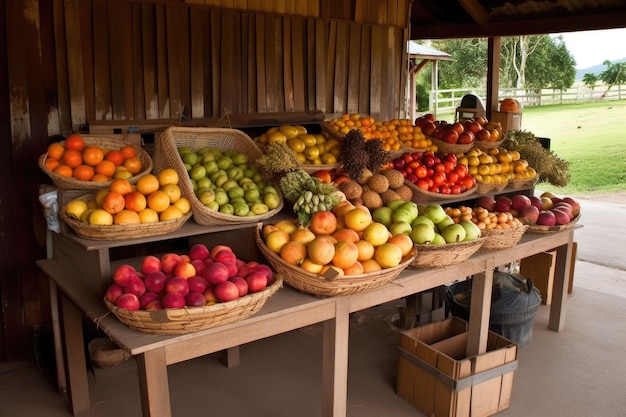 Barraca de frutas com frutas e vegetais recém-colhidos para venda criados com ai generativa