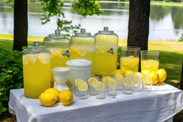 Barraca de limonada de verão com limões frescos e copos de água cortados criados com ai generativa