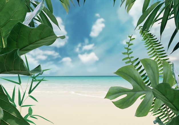 barraca de palha e palmeira tropical na praia, mar azul e céu areia branca sol chama flores rosa verão
