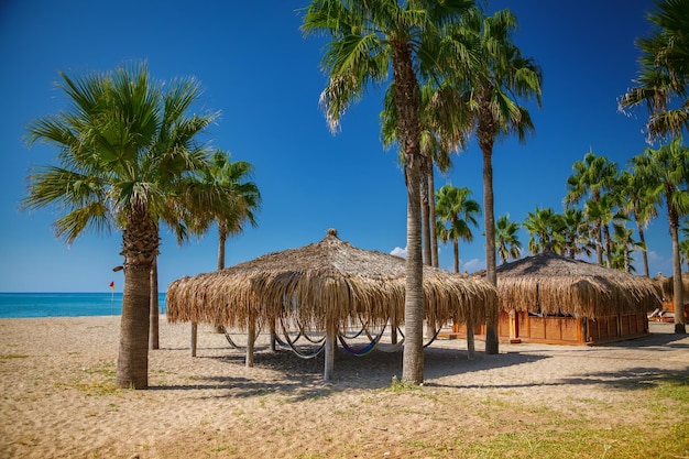 Barraca de praia com redes em uma bela praia de verão