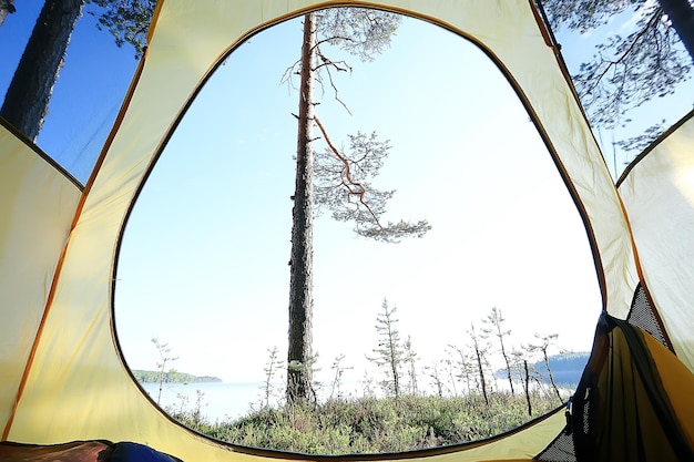 barraca do turista dentro da floresta de verão / férias de verão na floresta, vista interna da barraca, acampamento