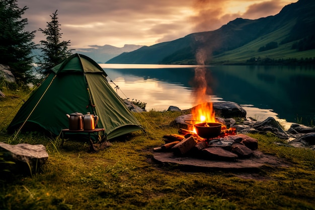 Barraca perto do lago Acampamento AI gerado