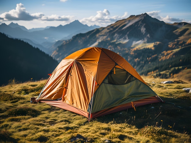 barraca turística acampando nas montanhas ao pôr do sol no inverno