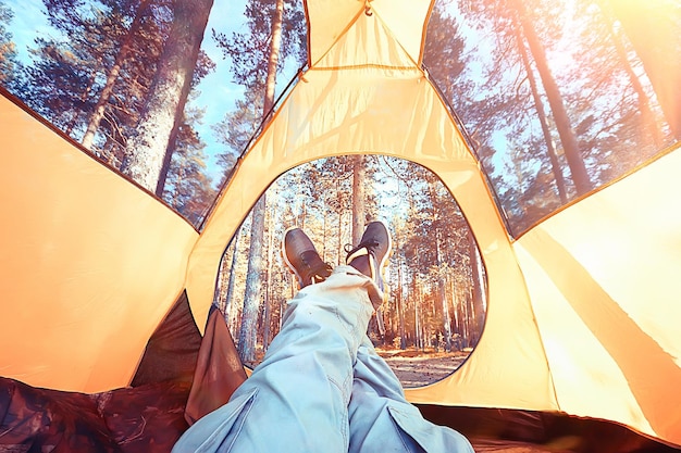 barraca turística dentro da floresta de verão/férias de verão na floresta, barraca dentro da vista, camping