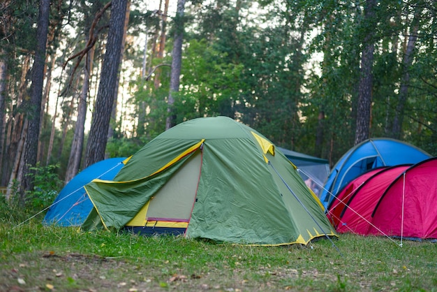 Barracas coletadas na clareira da floresta, acampamento coletivo, recreação ao ar livre