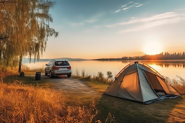 Barracas de acampamento e carros à beira do lagoimagem gerada pela tecnologia AI