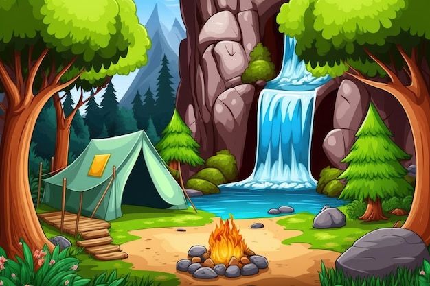 Barracas e uma fogueira estão ao lado de uma cascata de cascata Generative AI