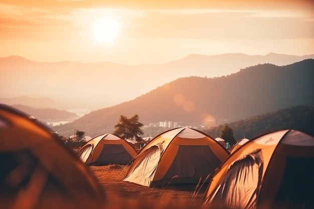 Foto barracas em um acampamento com montanhas ao fundo