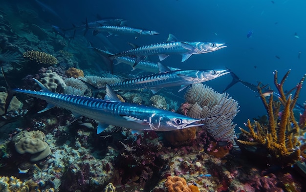 Foto barracudas patrulhando recifes de corais