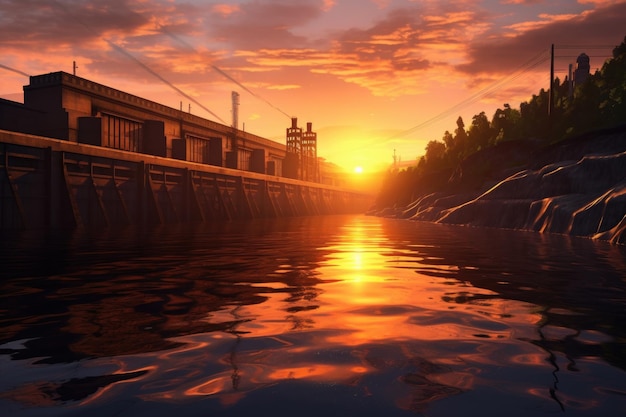 Barragem hidrelétrica ao pôr-do-sol com água calma criada com ai gerador