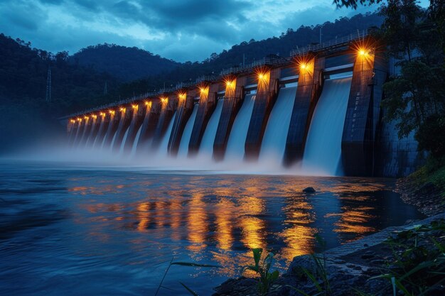 Barragem iluminada à noite