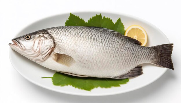 Foto barramundi o pescado de mar en un plato aislado sobre un fondo blanco