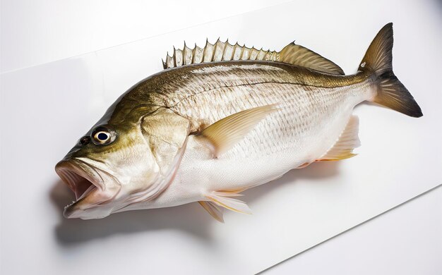 Barramundi o pescado marino aislado sobre un fondo blanco