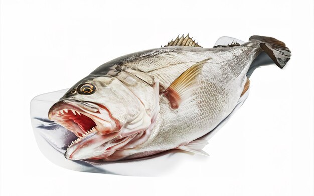 Foto barramundi o pescado marino aislado sobre un fondo blanco