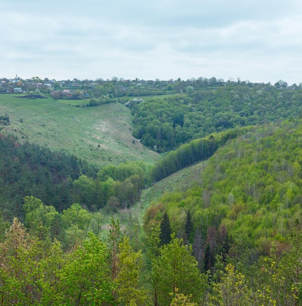 Barranco del bosque de la primavera y pueblo de las ruinas del castillo de Jazlovets Región de Ternopil Ucrania