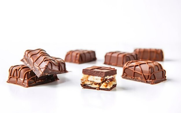 Las barras de caramelo de chocolate hechas a mano se encuentran sobre un fondo blanco