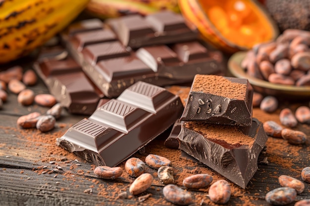 Barras de chocolate oscuro y lechoso con granos de cacao y frutas de cacao en una mesa de madera