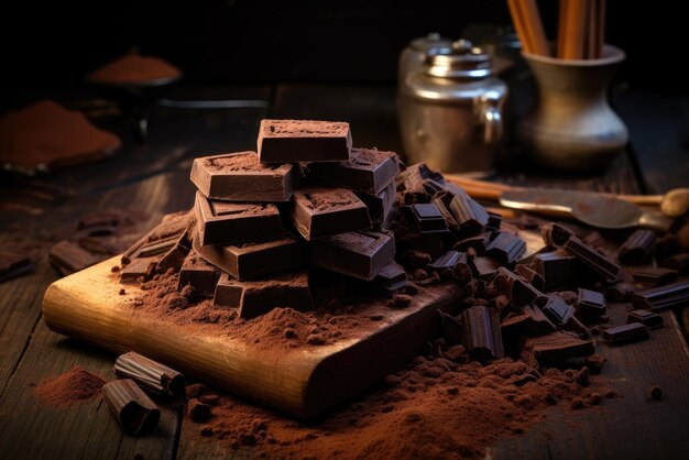 Barras de chocolate oscuro y polvo de cacao en una mesa de madera rústica