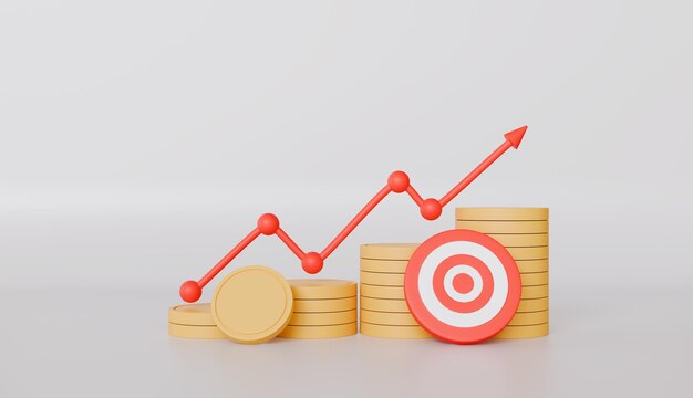 Barras crecientes que se elevan hacia adelante meta de logro Gráfico de negocios Gráfico y pilas de monedas