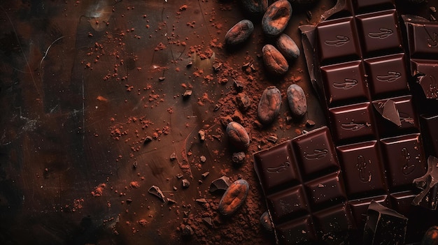 Barras de chocolate escuro e grãos de cacau em uma superfície rústica