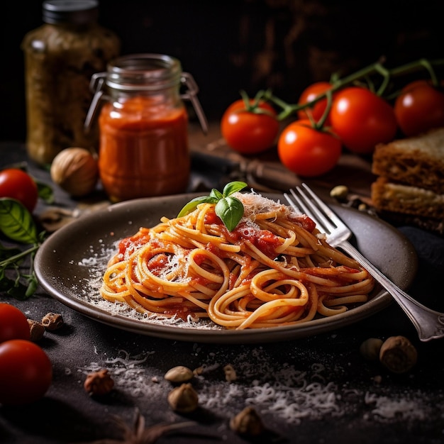 Barras de espaguete salgadas Um delicioso prato de almoço com tomate e molho