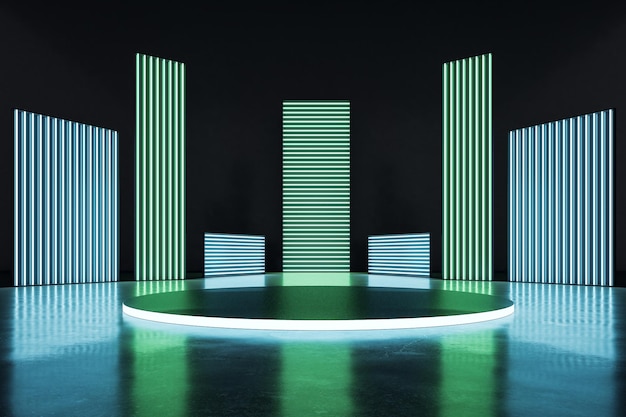 Barras de luz neon verdes e azuis de diferentes alturas com um pódio vazio no meio de uma exposição moderna de espaço escuro vazio e conceito de showroom maquete de renderização 3d