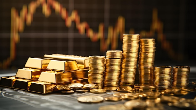 Barras de ouro e pilhas de moedas de ouro Gráficos de negociação financeira Conceito de negócio de investimento financeiro IA geradora