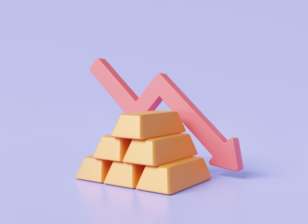 Barras de ouro empilhadas com flecha vermelha para baixo isoladas em fundo rosa Tendência descendente da crise financeira de barras de ouro flecha decrescente vermelha recessão da economia falência ícone 3D render ilustração