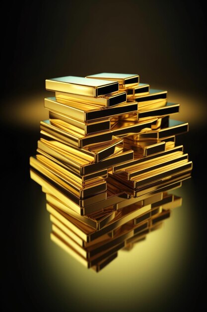 Barras de ouro empilhadas em uma superfície reflexiva criada com IA generativa