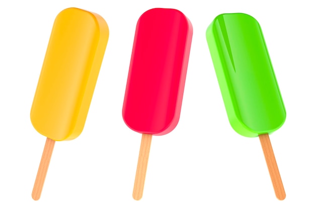 Barras de frutas congeladas con helados de frutas de colores de diferentes sabores renderización 3D