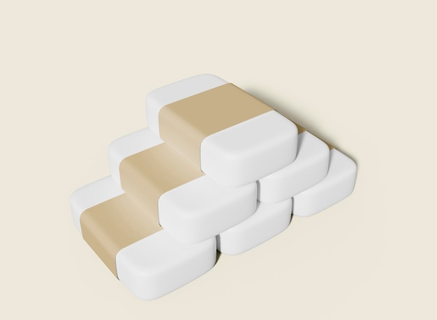 Barras de jabón blanco con etiqueta marrón Pirámide Composición Mockup Paquete aislado Jabón Representación 3d