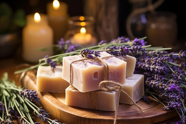 Barras de jabón hechas a mano con flores de lavanda sobre un fondo de madera grunge IA generativa