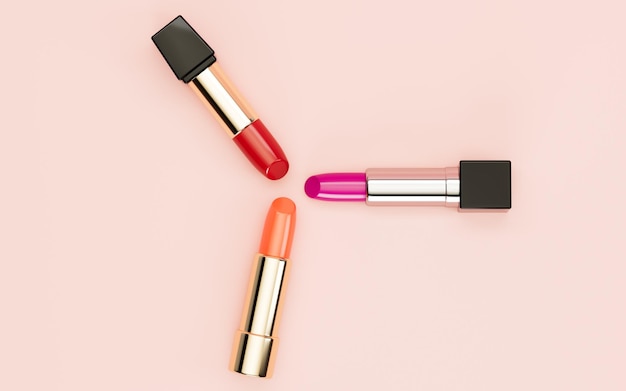 Barras de labios con renderizado 3d de fondo rosa