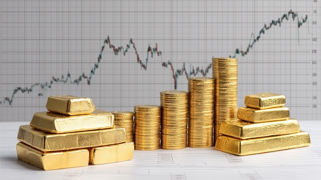 Barras y monedas de oro con un gráfico que muestra el crecimiento del mercado