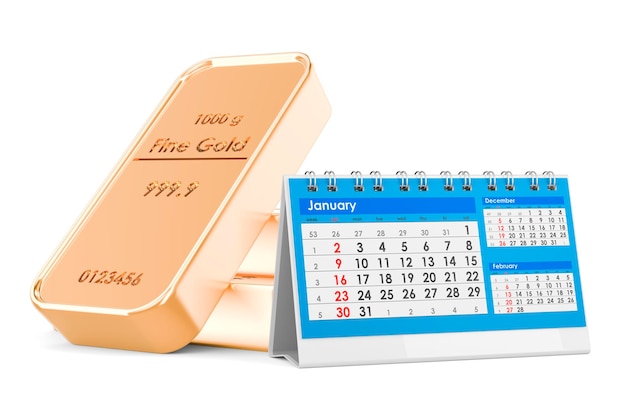 Barras de oro con calendario de escritorio 3D rendering aislado sobre fondo blanco.