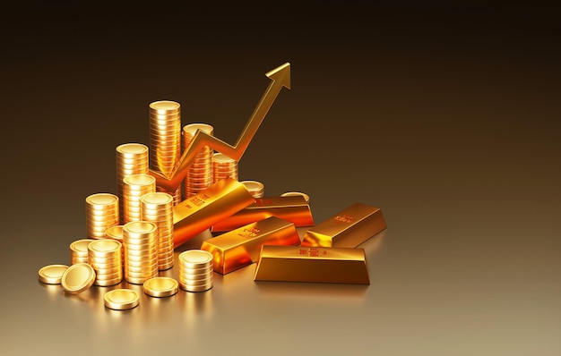 Barras de oro comprando y vendiendo gráficos de flecha hacia arriba de lingotes de oro y montones de monedas de oro