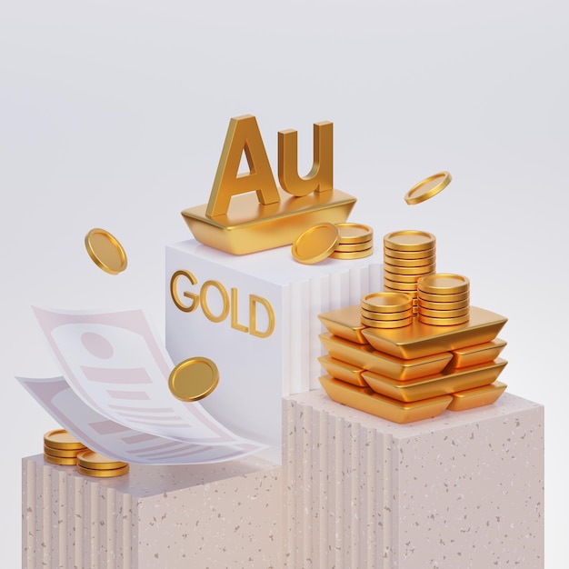 Barras de oro con monedas con letras Au y valores 3d ilustración